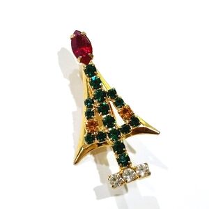 Vintage Rhinestone Gold Toned Christmas Tree Pin Fashion Jewelry